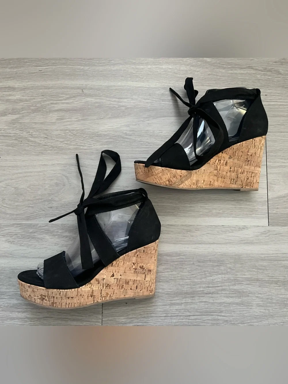 Steve Madden Nadim Black Suede Lace Up Cork Platform Wedge Sandals Women’s 8.5M